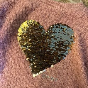 DKNY girls size 8-10 flip sequin sweater mauve/pink with gold/silver heart